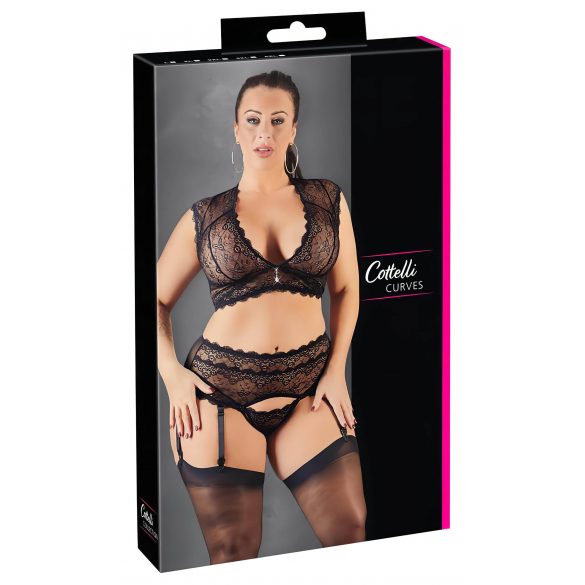 Cottelli Plus Size - Glitzerndes Spitzen-Set (schwarz)