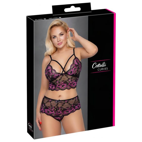 Cottelli Plus Größe - Blumen-BH-Set (Schwarz-Lila)