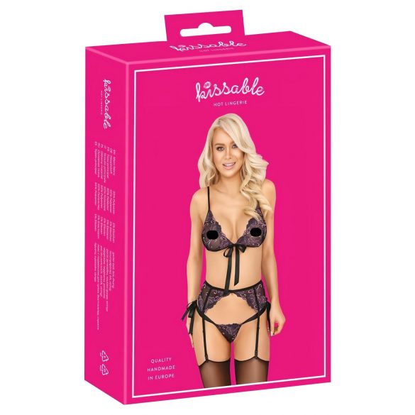 Küssbare Dessous: Schwarz mit rosa-lila Stickerei-Set - L/XL