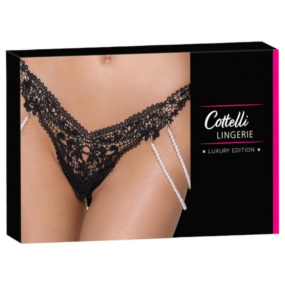 Cottelli - Luxuriöser bestickter Perlen-Tanga (schwarz) - M/L