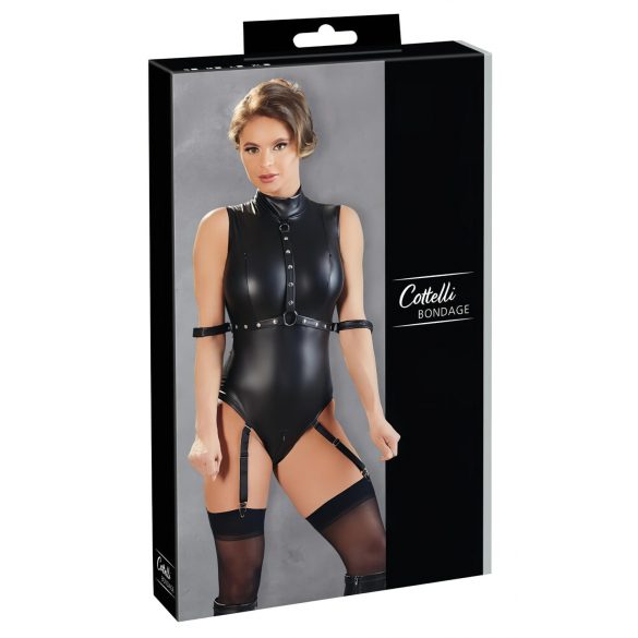 Cottelli Bondage - Ärmelloser Glanzbody mit Handfesseln (Schwarz)