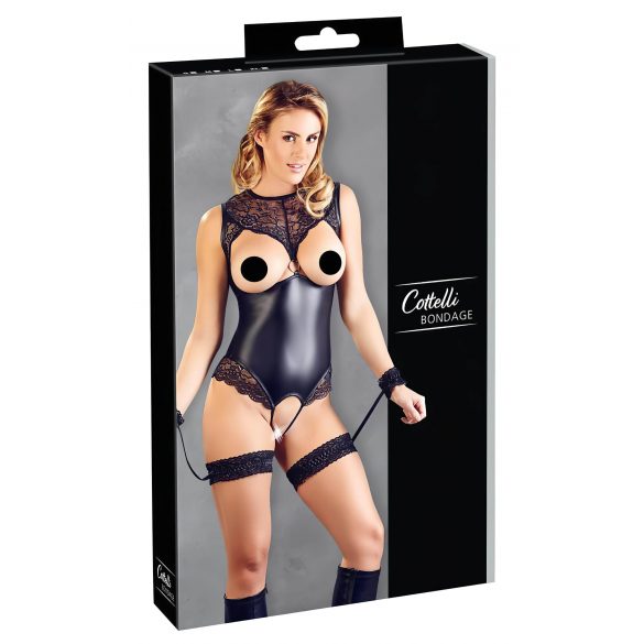 Cottelli Bondage - Glänzender Body mit Handfesseln (schwarz)