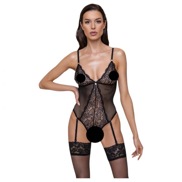 Cottelli - Spitzen-Body mit Strapsen, offen (schwarz) - L